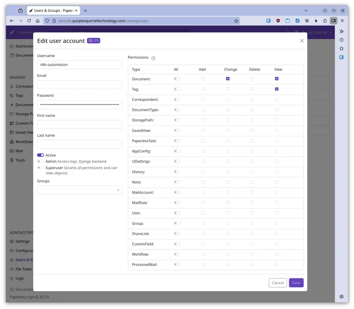 Paperless-ngx user account configuration screen
